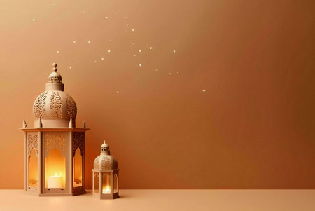 Two intricately ornamental lanterns, one large and one small, against a starry night background. The lanterns are illuminated with a warm glow, creating a serene and peaceful atmosphere.の写真素材