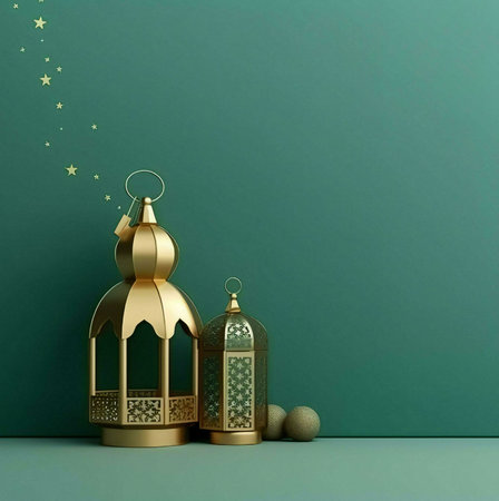 Two golden lanterns with intricate designs on a green background with golden stars.の写真素材