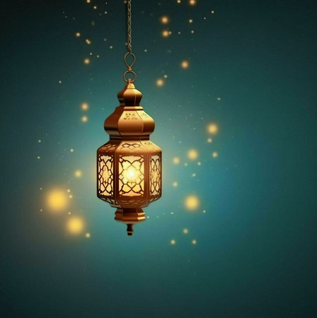 A traditional golden Ramadan lantern hangs against a dark teal background with twinkling lights,...