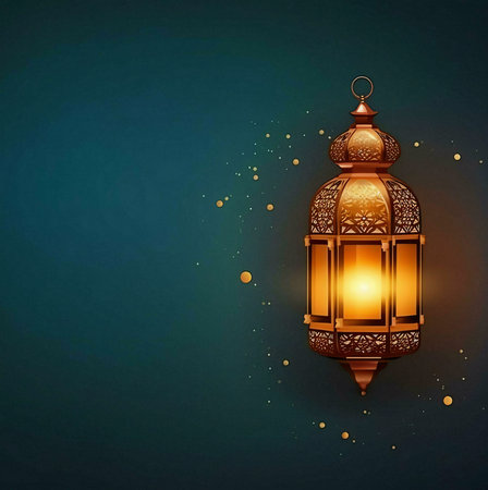 A golden Ramadan lantern with intricate details hangs against a dark teal background.の写真素材