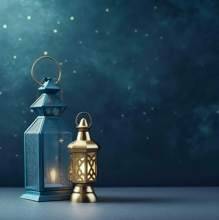 Two lanterns illuminated against a dark blue background decorated with white sparkles, symbolizing hope, faith and celebration during Ramadanの写真素材
