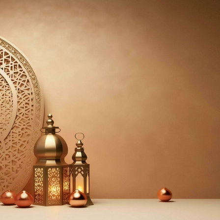 Golden lanterns with designs intricately against a warm background, showcasing the beauty of Islamic art and cultural traditions.の写真素材