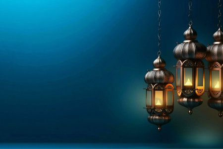 Three ornate lanterns with glowing candles hang from chains against a blue background. They are...