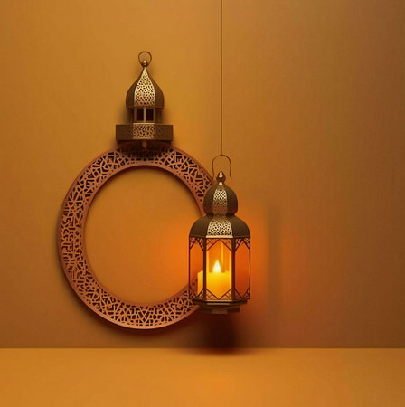 A traditional Islamic lantern with a candle inside hanging on a wall with a circle shaped ornate...