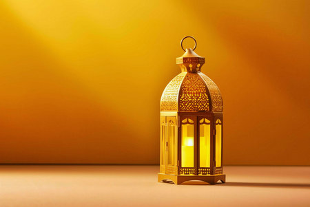 A golden lantern with a lit candle inside stands on a yellow surface. The lantern's ornate design...