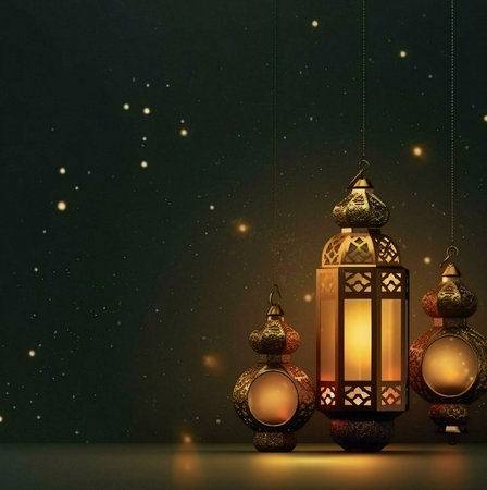 Three ornate golden lanterns hang against a dark background with twinkling stars. The lanterns are...