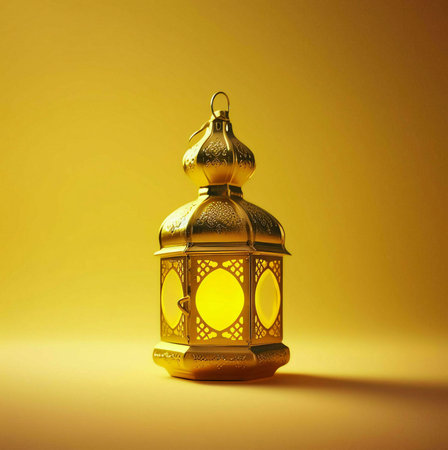 A golden Ramadan lantern with intricate details stands illuminated on a yellow background, radiating warmth and a sense of spirituality.の写真素材