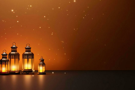 A row of lit lanterns against a dark orange background. The warm glow of the candles create a cozy...