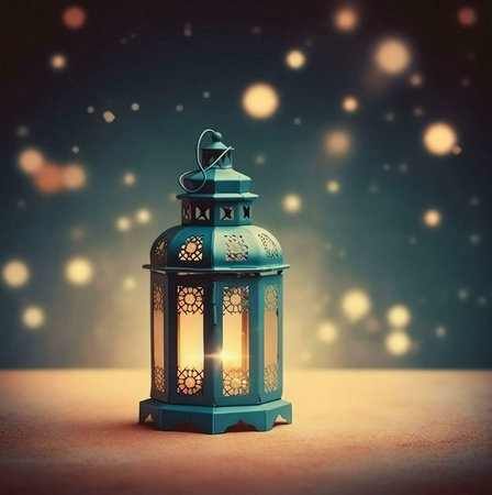 A single blue lantern sits on a table, its warm light illuminating the surrounding darkness. The...