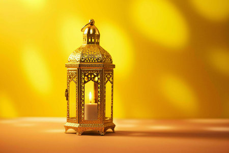 A close-up shot of a golden lantern with a lit candle inside. The lantern is intricately designed and sits on a table against a bright yellow background.の写真素材