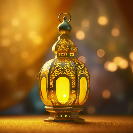 A golden lantern with intricate carvings, lit with a warm glow, symbolizes the spirit of Ramadan.