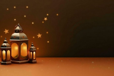 Golden lanterns with glowing lights against a dark background, illuminated by sparkling stars. This...