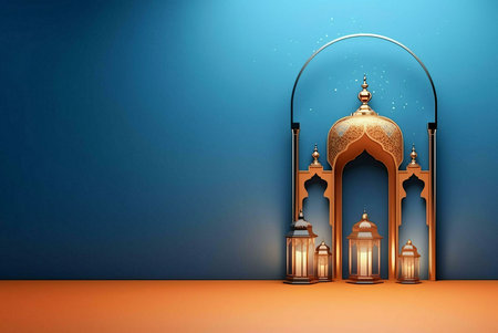 Golden lanterns with intricate designs against a blue background, representing the spirit of Ramadan.の写真素材