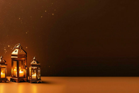Three golden lanterns with candles glowing warmly against a dark background