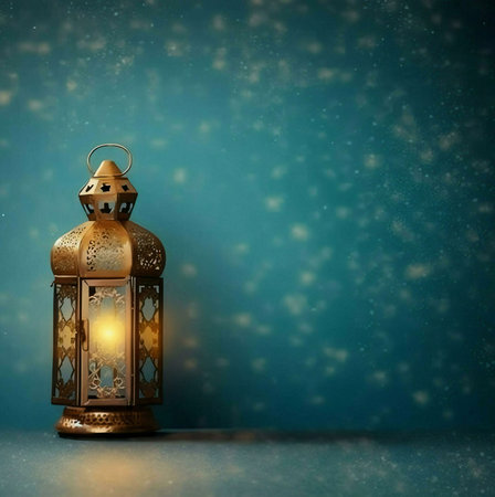 A golden, intricately lantern sits in the foreground of the image, its designed flame casting a warm glow against the blue backdrop.の写真素材