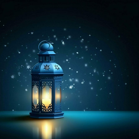 A beautiful blue lantern with intricate design is lit by a candle, illuminating a dark background scattered with twinkling stars. The image evokes a sense of spirituality and hope.の写真素材