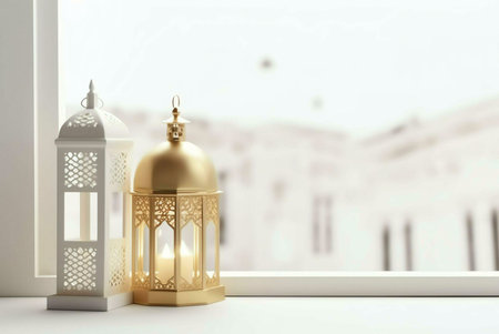 Two decorative lanterns, one gold and one white, with intricate designs, illuminated with candles on...
