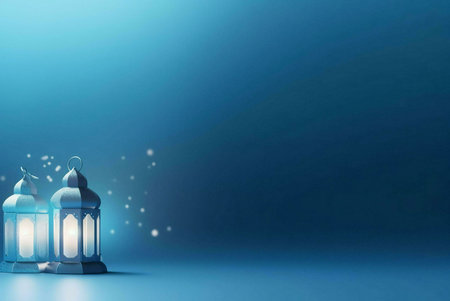 Two glowing lanterns against a dark blue background, symbolizing the spirit of Ramadan.