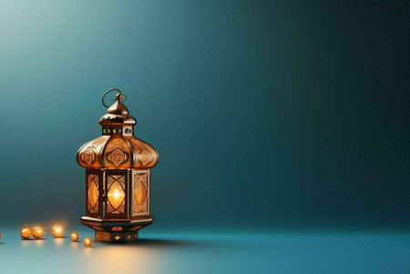 An ornate golden lantern with a lit candle, surrounded by small golden lights, sits on a blue...