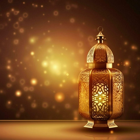 A golden lantern with intricate designs, illuminated by a warm candle light against a bokeh...