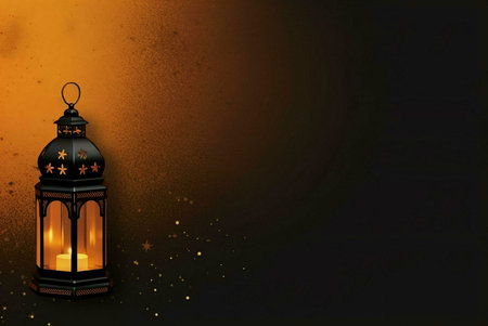 A black metal lantern with a lit candle inside stands against a warm golden background, creating a symbolic image of Ramadan.の写真素材