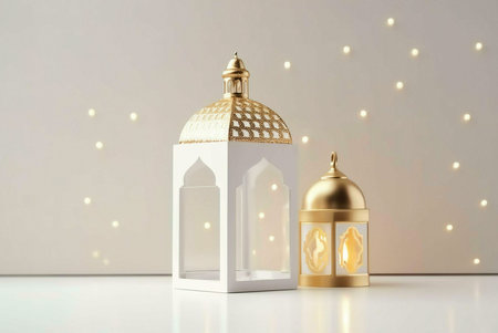 Two ornate lanterns, one white and one gold, stand on a table, illuminated by soft golden lights, evoking a sense of celebration and spirituality.の写真素材