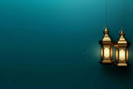 Two golden Ramadan lanterns with intricate patterns, hanging against a teal background. The lanterns...