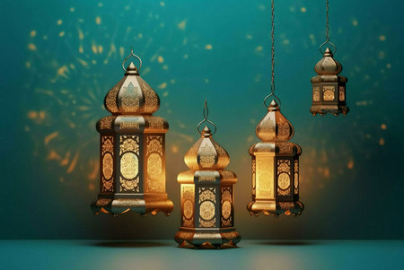 Three ornate golden lanterns with intricate designs hang against a teal background. They are lit...