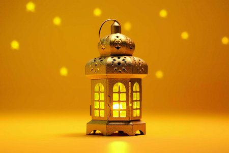 A golden lantern with intricate designs, lit by a candle, against a yellow background with bokeh lights.の写真素材