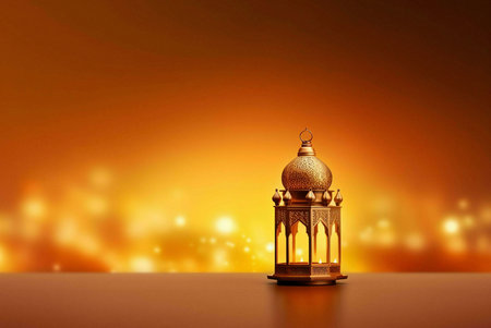 A golden lantern with intricate patterns stands on a table against a background of soft, golden...