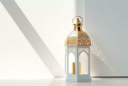 A white and gold lantern with intricate detailing sits on a white surface illuminated by sunlight casting shadows.の写真素材