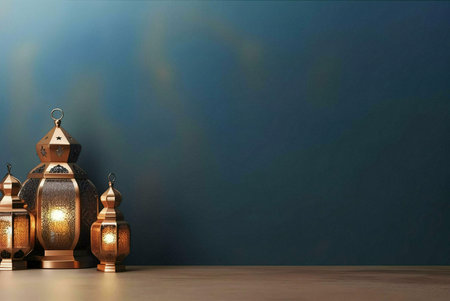 Three illuminated Ramadan lanterns sit on a wooden surface against a teal background.の写真素材