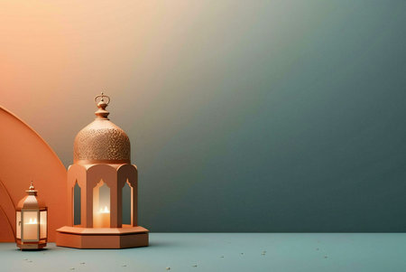 Two golden lanterns with intricate details, lit with candles, against a subtle gradient background....