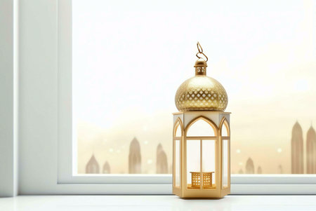 A golden lantern with a delicate design sits on a windowsill, against a backdrop of a city skyline. The warm glow of the lantern provides a sense of peace and spirituality.の写真素材