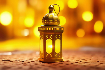A golden Ramadan lantern illuminated with a warm candle, placed against a backdrop of soft golden bokeh lights, capturing the spirit of the holy month.の写真素材