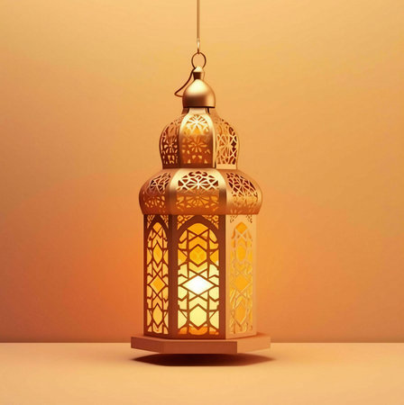 A close-up of a beautiful golden lantern with intricate designs hanging against a simple orange background.の写真素材