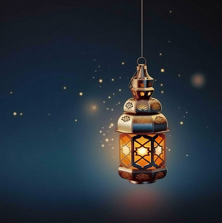 A single ornate lantern hangs from a string, radiating a warm glow against a dark blue background.の写真素材