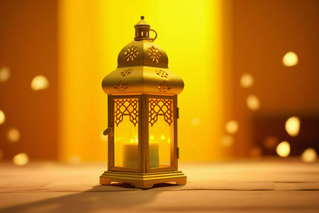 A golden Ramadan lantern with intricate details sits on a table, illuminated by a warm candle inside. The lantern casts a soft glow against a blurred background of warm lights, evoking a sense of peace and spirituality.の写真素材