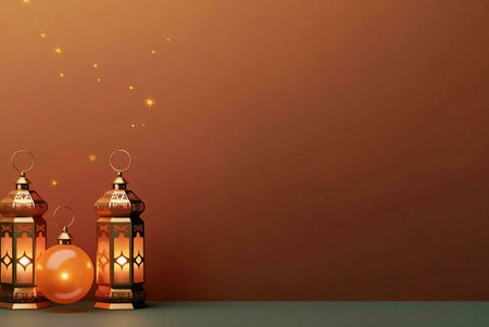 Three golden lanterns with intricate designs, glowing warmly against a soft orange background, illuminated with tiny sparkling lightsの写真素材