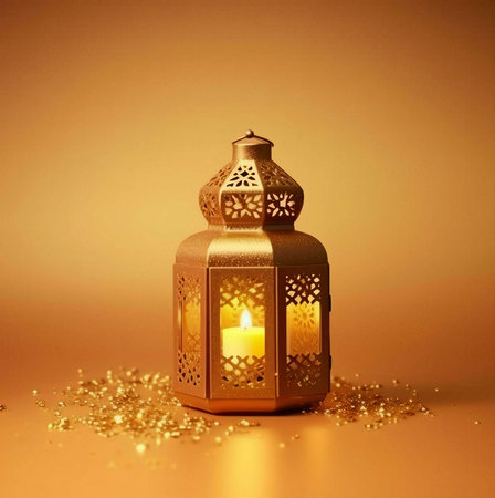 A golden lantern with intricate details, holding a lit candle, stands on a golden surface. The lantern casts a warm glow, creating a sense of peace and tranquility.の写真素材