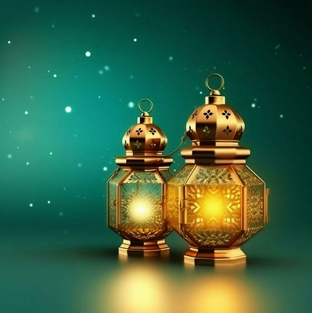 Two golden lanterns with intricate designs, illuminated with warm light, against a shimmering teal background.の写真素材