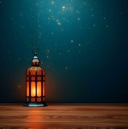A decorative ornate lantern with a lit candle inside sits on a wooden floor with a blue background.の写真素材