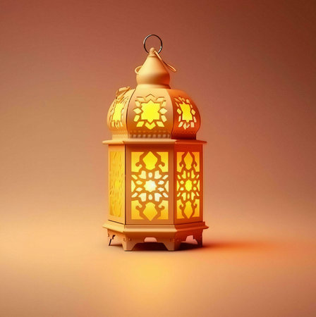 A traditional Ramadan lantern glowing with warm light against a soft orange background. The intricately designed of the lantern symbolizes the beauty and spirit of the holy month.の写真素材
