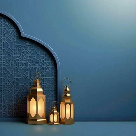 Three golden lanterns, with intricate designs, lit against a blue wall with an arch and a pattern.の写真素材