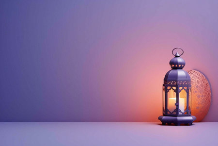 A lit lantern with intricate design against a purple background, representing the celebration of Ramadan.の写真素材
