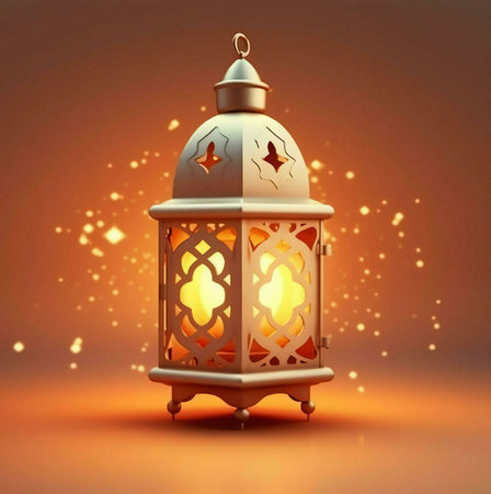 A golden Ramadan lantern with intricate details and a warm glow in a 3D render