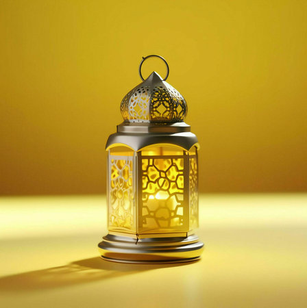 A golden Ramadan lantern with intricate designs sits on a yellow background, illuminated by a warm...