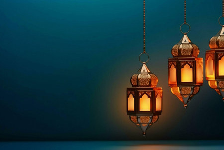 Three intricately lanterns hang from the ceiling, casting a warm glow against a teal background....