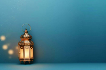 A single ornate lantern on a blue background with sparkles and soft lighting.の写真素材