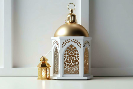 Two intricately designed lanterns, one larger and white with gold accents, and one smaller and gold,...